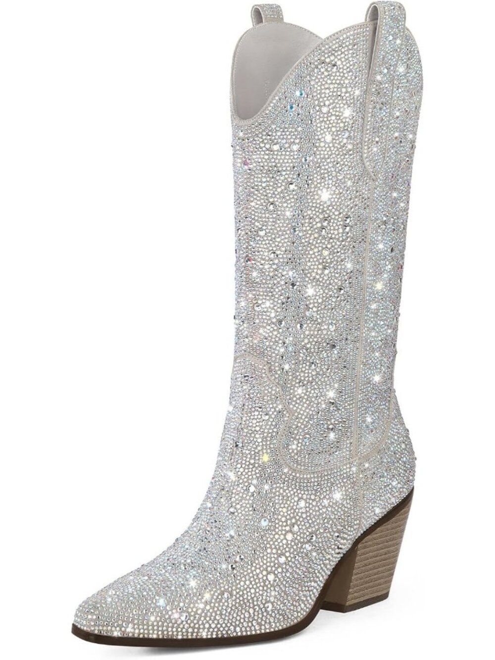 Women's Silver Rhinestone Pull On Block Heel Pointed Toe Knee High Cowgirl Boots